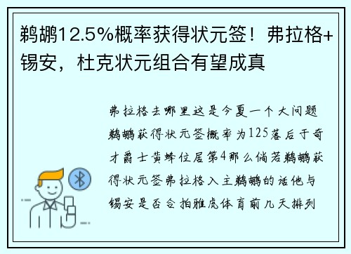 鹈鹕12.5%概率获得状元签！弗拉格+锡安，杜克状元组合有望成真